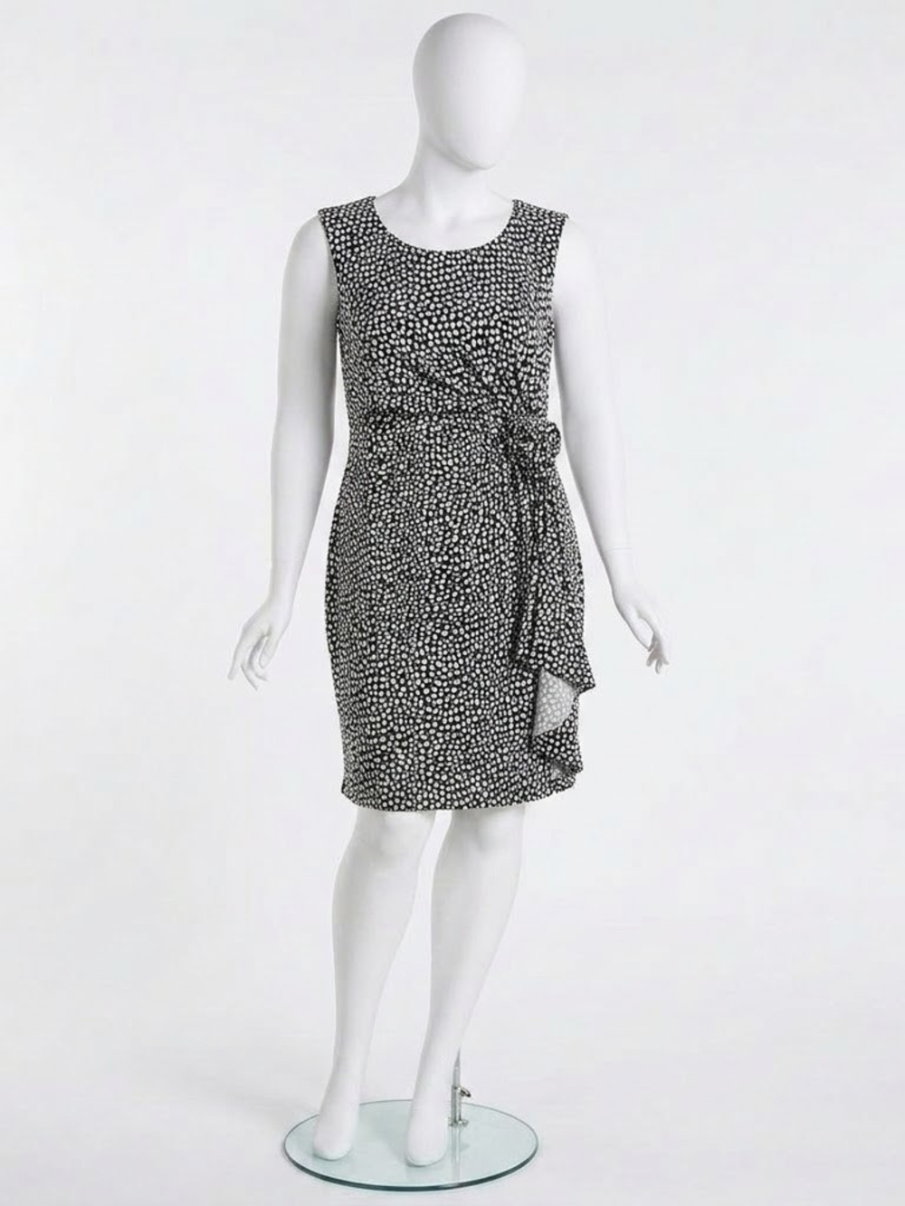 Tradition Black White Spotted Faux Wrap Dress Sleeveless Ruffle Side Tie